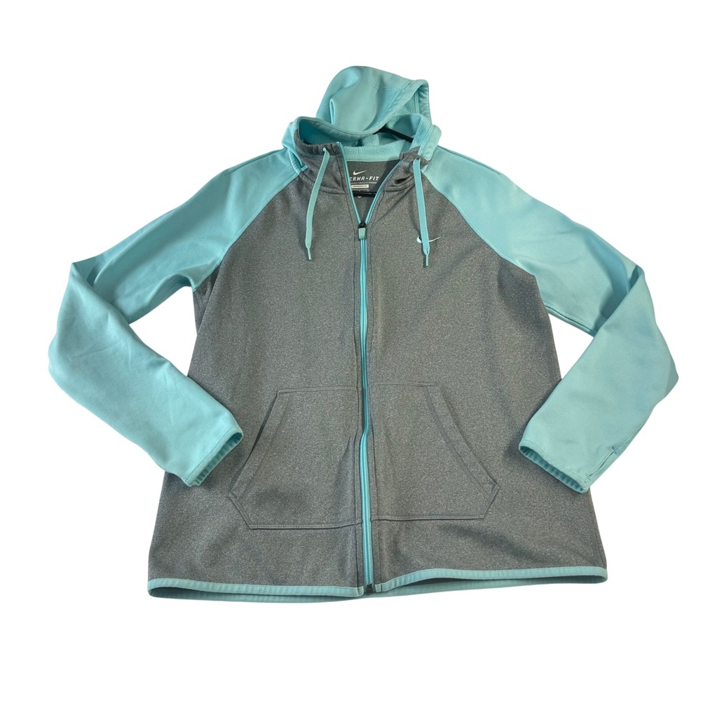 Nike Therma-FIT Full Zip Hoodie Gray Blue Raglan Jacket 839995-064 Womens Medium
